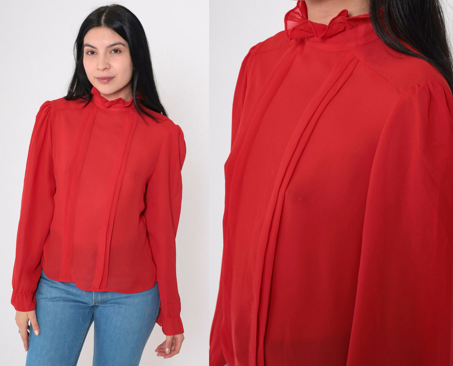 80s Red Puff Sleeve Blouse High Ruffled Neck Pleated Semi-Sheer Medium