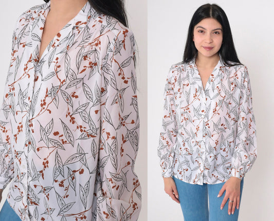 80s Tanjay Leaf Floral Print Button-Up Blouse White Long Sleeve Medium