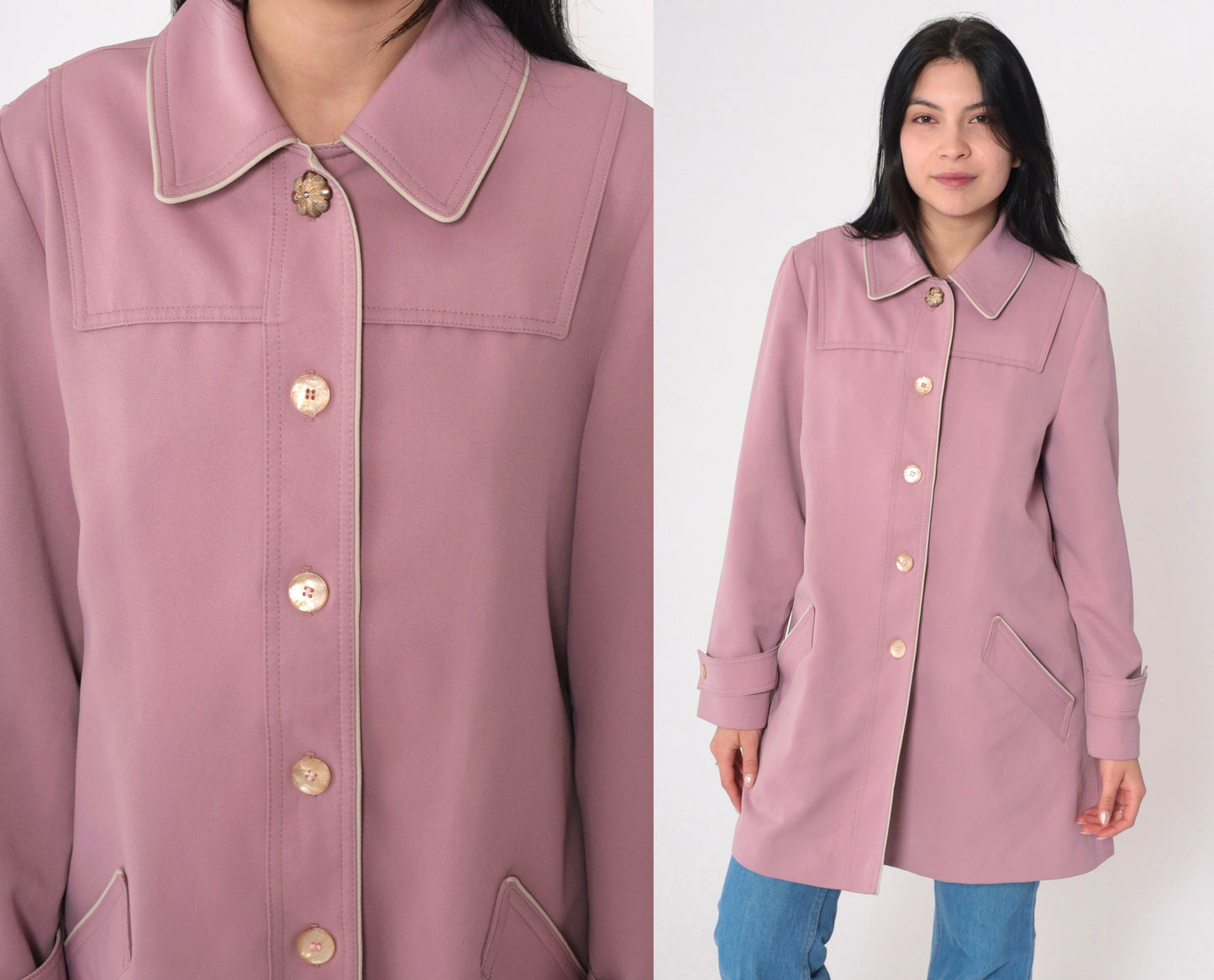 80s Mauve Button-Up Trench Coat Knee Length Extra Small XS