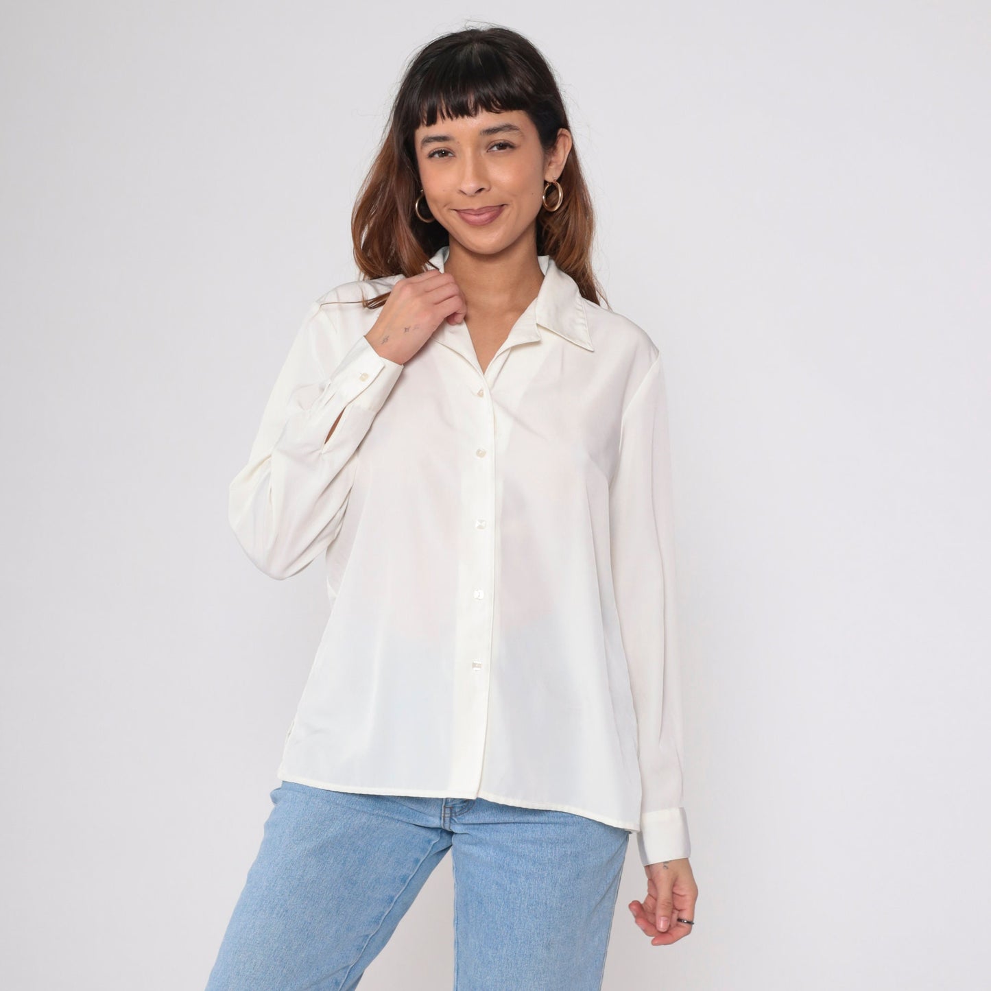 90s White Button-Up Blouse Long Sleeve Collared Shirt Large L