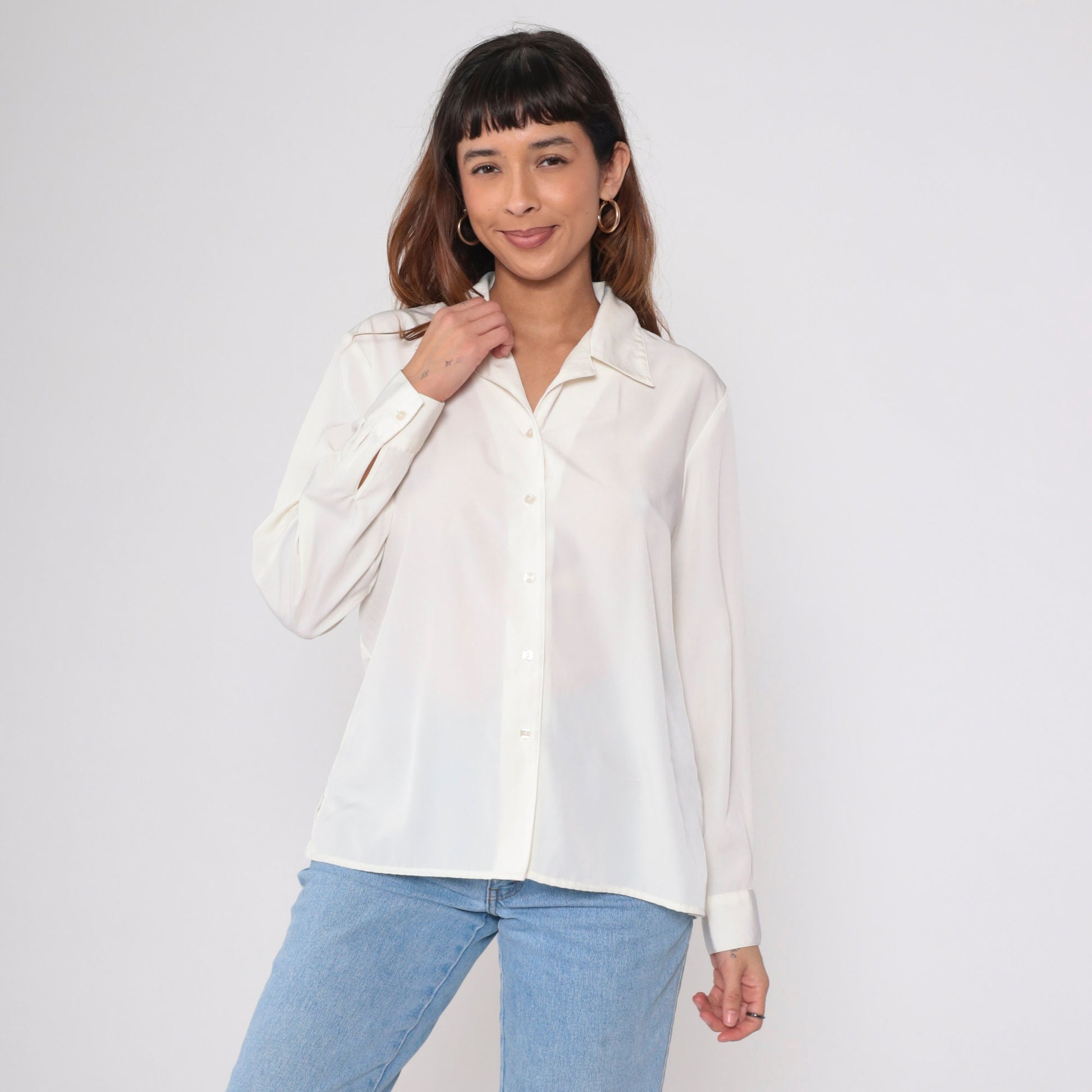 90s White Button-Up Blouse Long Sleeve Collared Shirt Large L