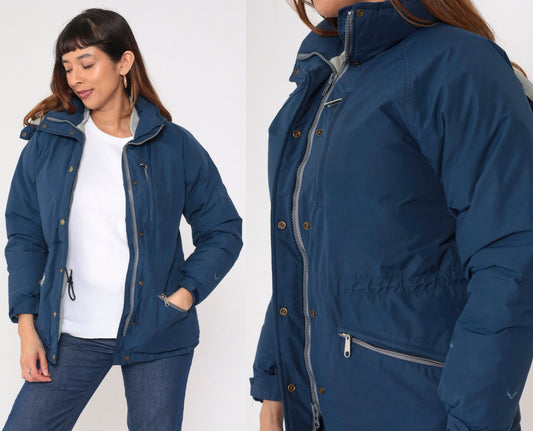 80s LL Bean Blue Goretex Down Puffer Ski Jacket Hood Small S