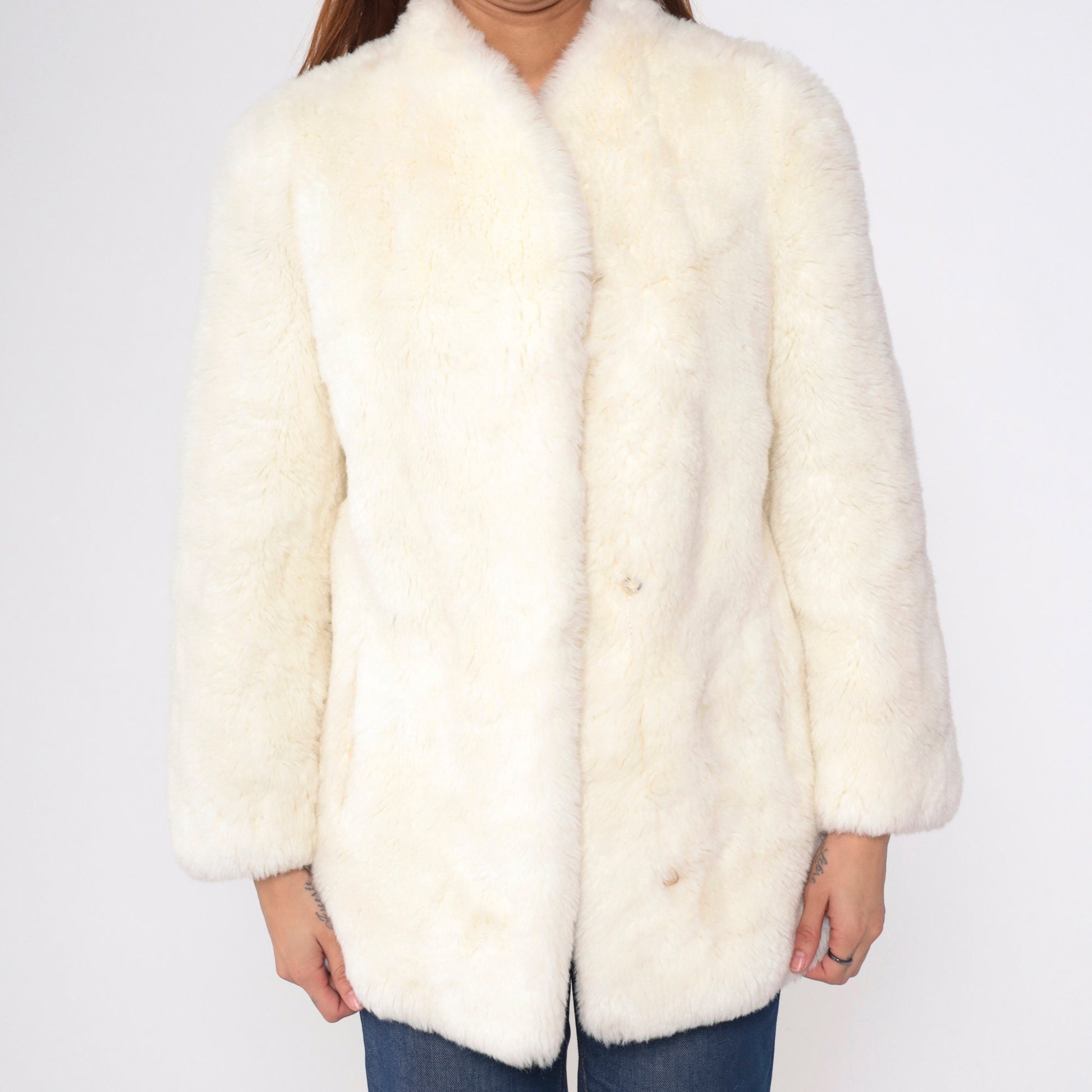 80s Cream Faux Fur Coat Hook Eye Closure Vintage Small S