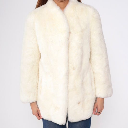 80s Cream Faux Fur Coat Hook Eye Closure Vintage Small S