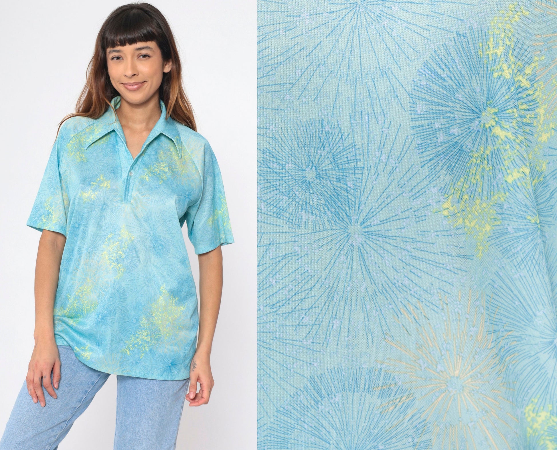70s Lilly Dasche Blue Dandelion Floral Button-Up Shirt Raglan Large L