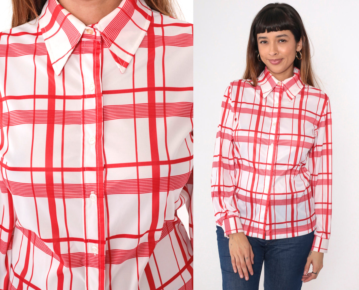 70s Jack Winter Plaid Button-Up Blouse Red White Dagger Collar Medium