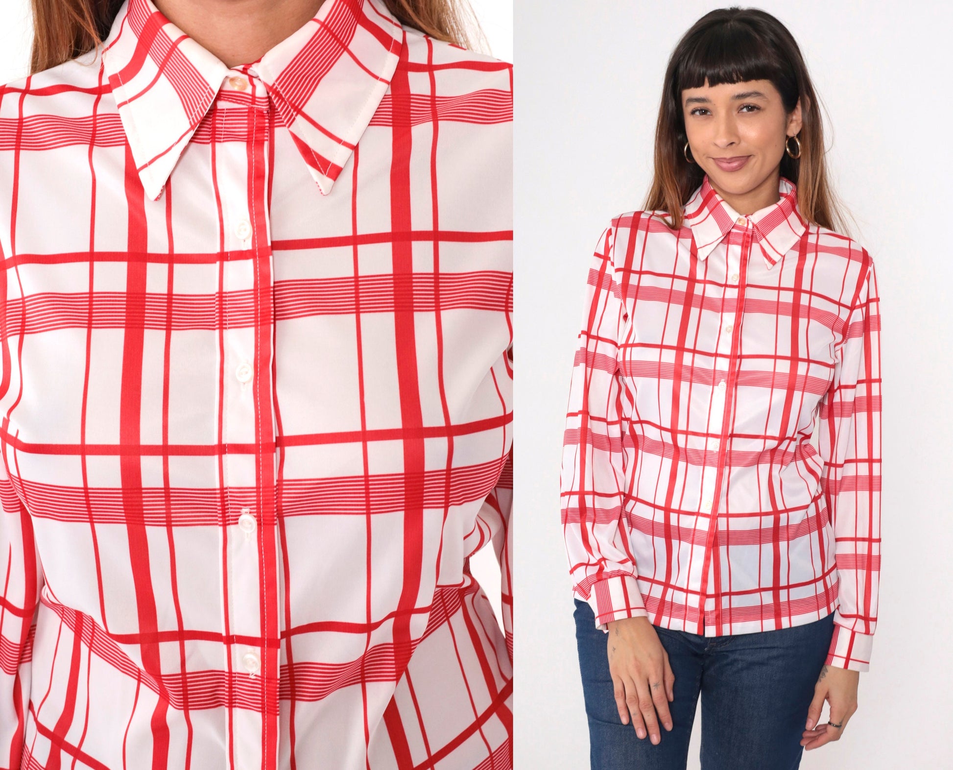 70s Jack Winter Plaid Button-Up Blouse Red White Dagger Collar Medium