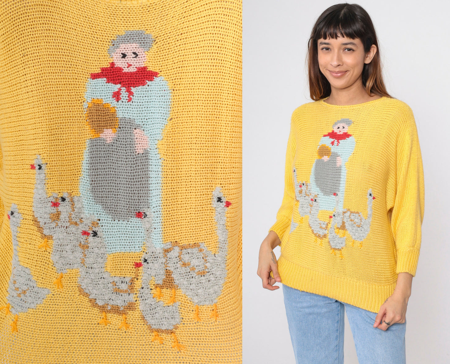 80s Mother Goose Farm Animal Yellow Dolman Sweater Novelty Knit Small