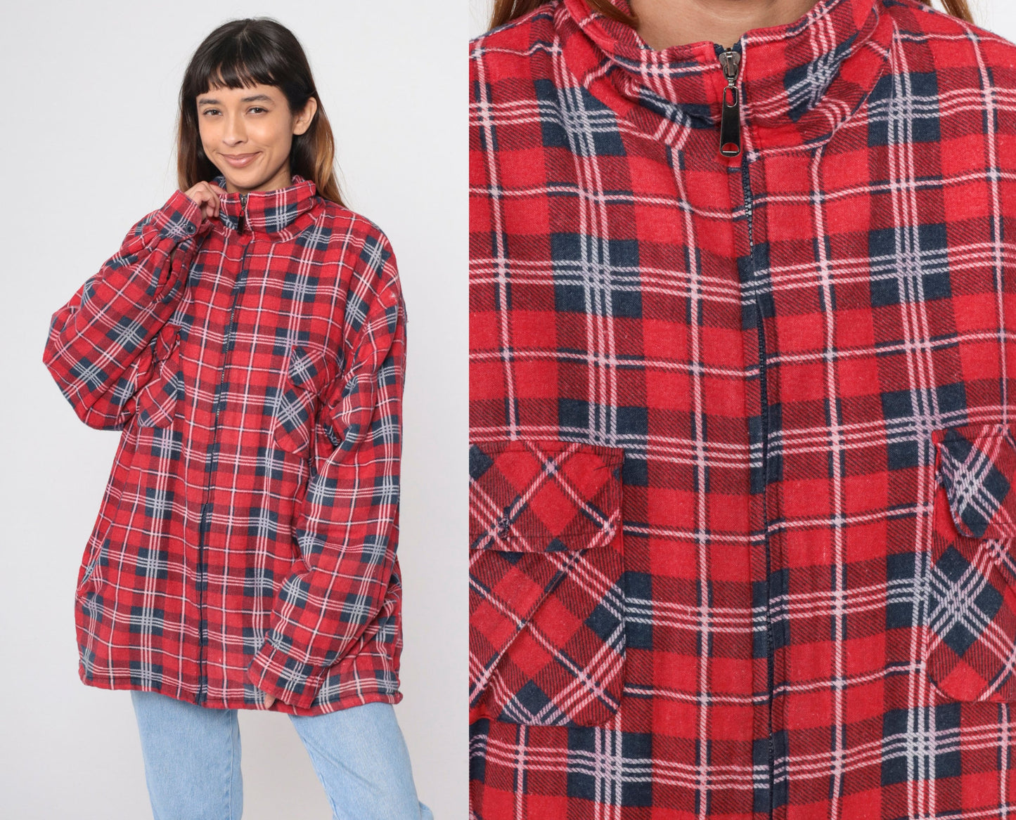 90s Red Plaid Zip Jacket Sherpa Lined Flannel Shacket Extra Large XL