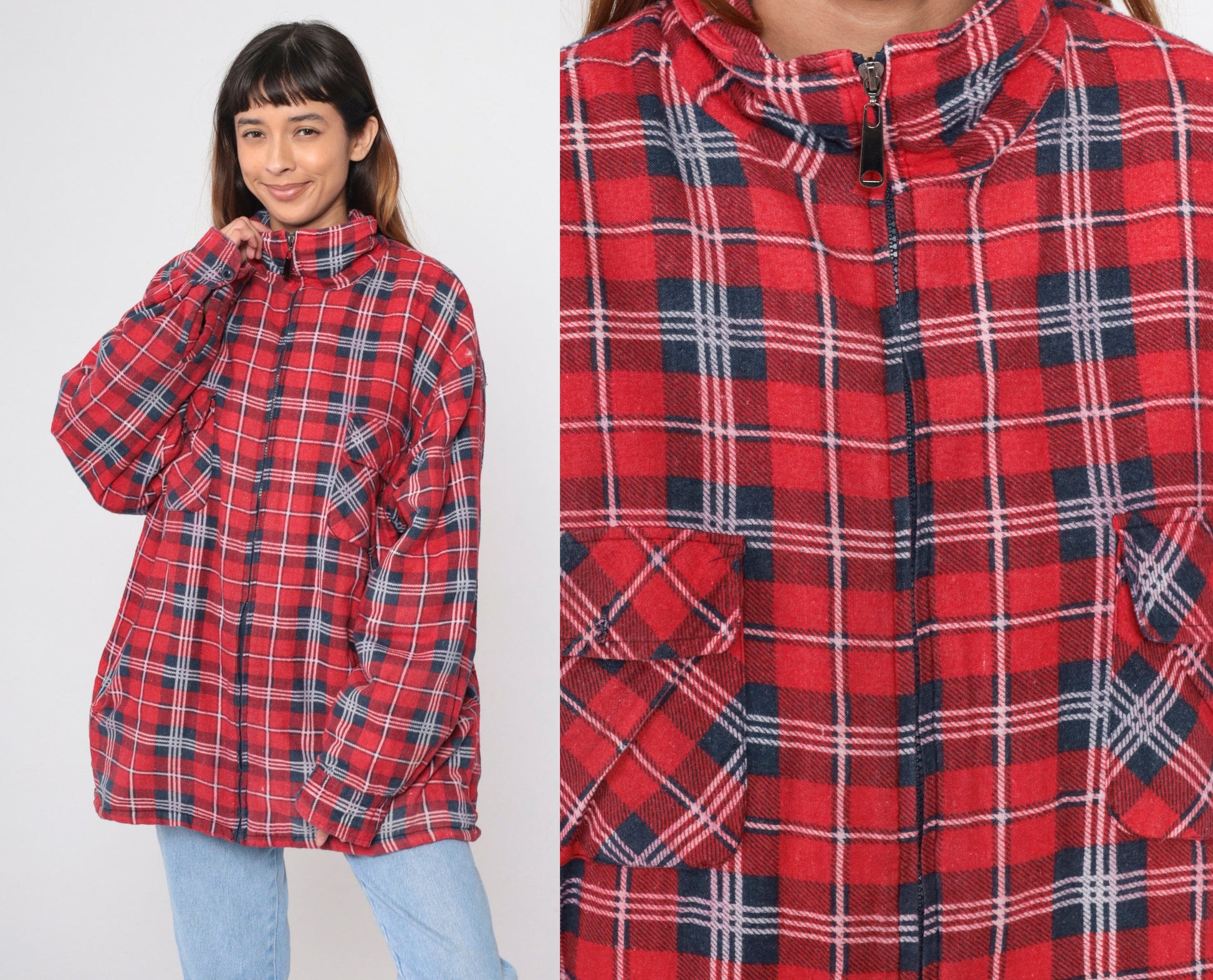 90s Red Plaid Zip Jacket Sherpa Lined Flannel Shacket Extra Large XL