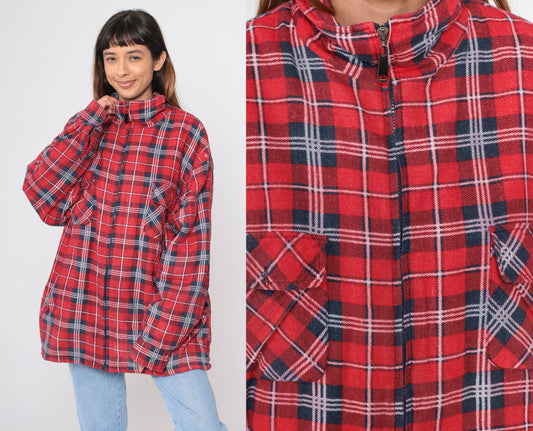 90s Red Plaid Zip Jacket Sherpa Lined Flannel Shacket Extra Large XL