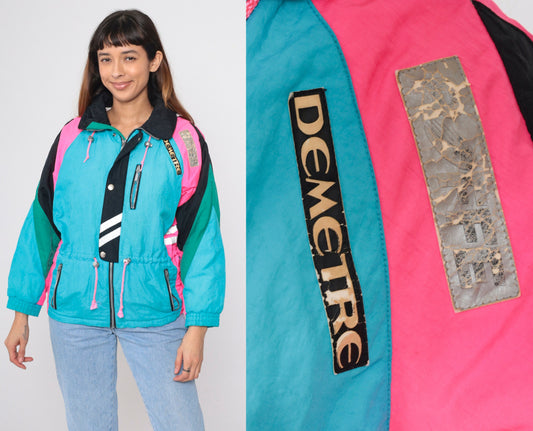 90s Demetre Ski Jacket Turquoise Hot Pink Color Block Puffer Small