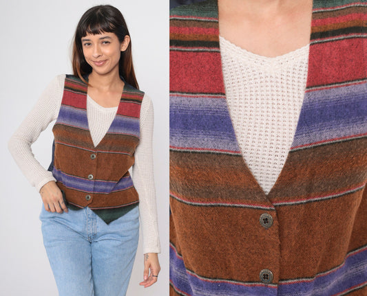 90s Fritzi Sport Southwestern Vest Brown Striped Button-Up Medium