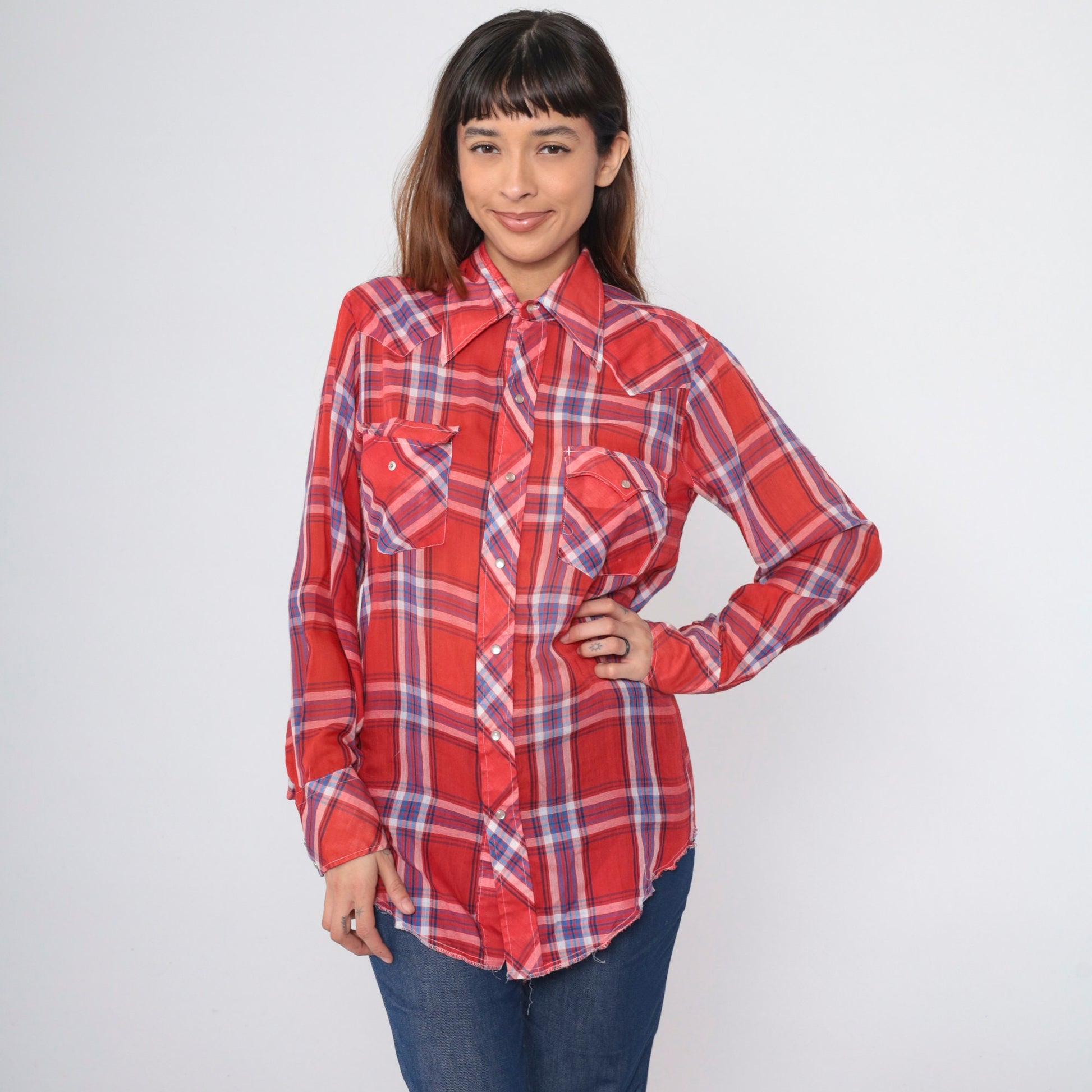 70s Red Plaid Western Shirt Pearl Snap Button Up Long Sleeve Medium