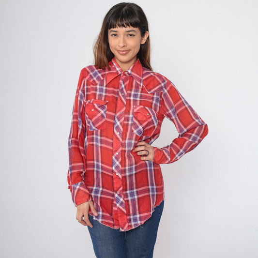 70s Red Plaid Western Shirt Pearl Snap Button Up Long Sleeve Medium