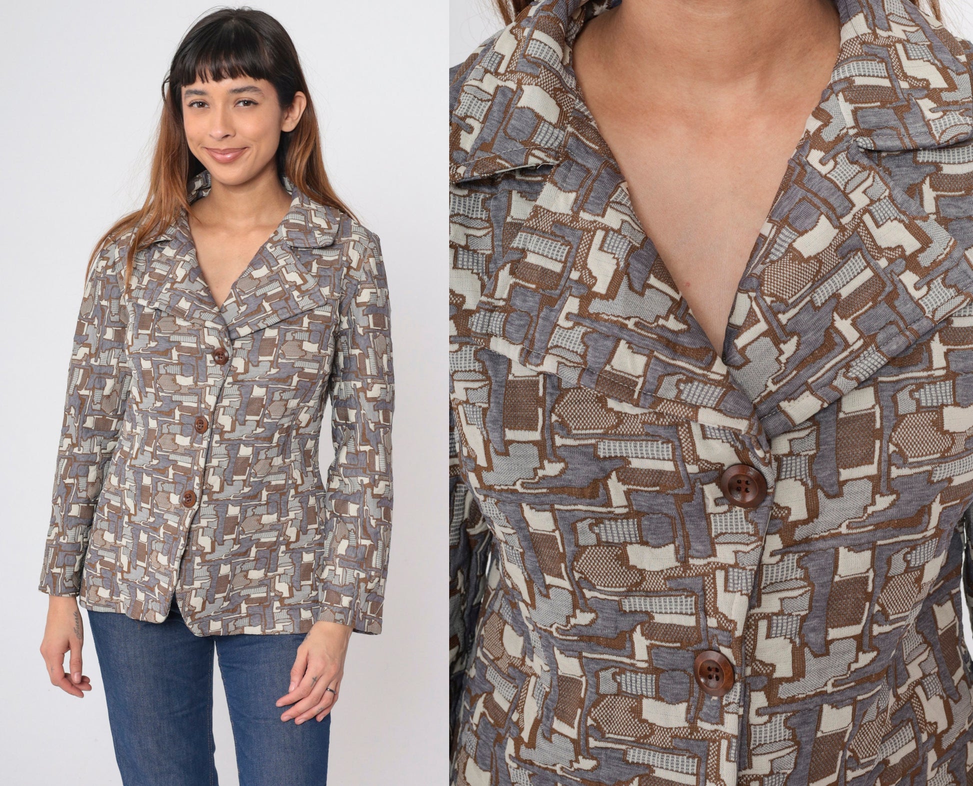 70s Geometric Tessellation Blazer Notched Collar Brown Grey White Medium
