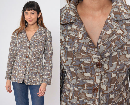 70s Geometric Tessellation Blazer Notched Collar Brown Grey White Medium