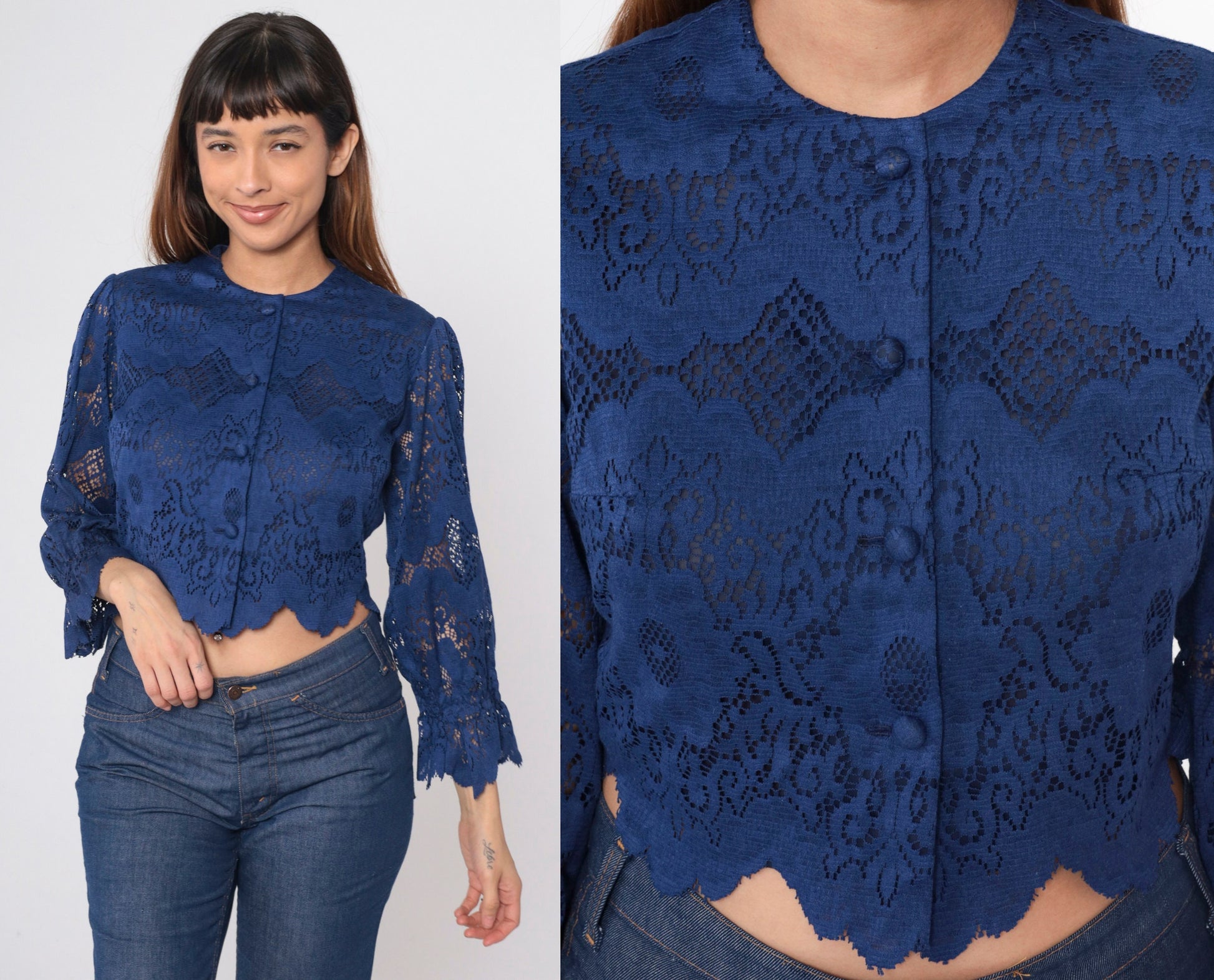70s Dark Blue Lace Blouse Puff Sleeve Button-Up Crop Top Scalloped Small Medium