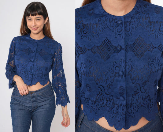 70s Dark Blue Lace Blouse Puff Sleeve Button-Up Crop Top Scalloped Small Medium