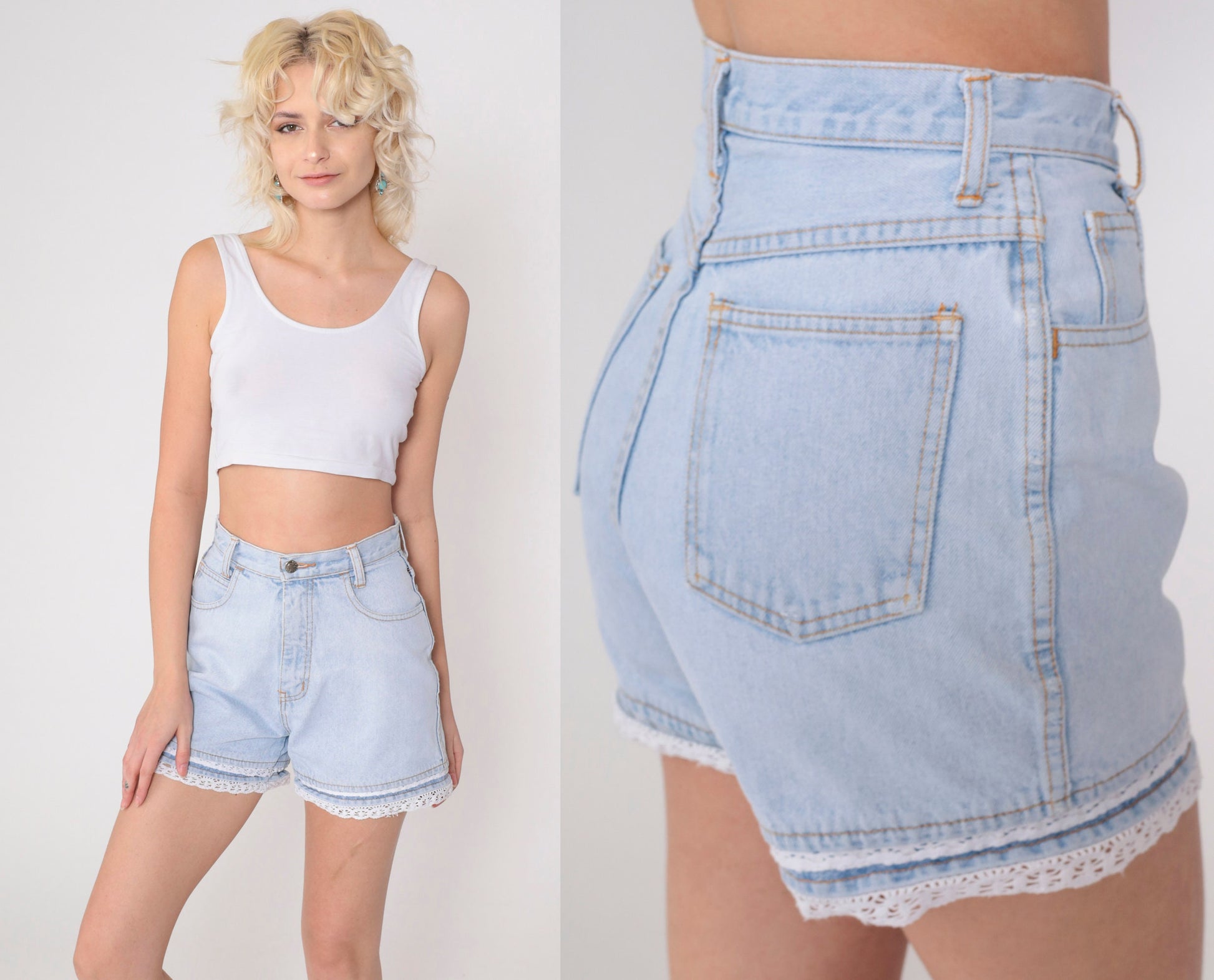 90s High-Waisted Denim Shorts Blue Lace Trim Jean Shorts Small