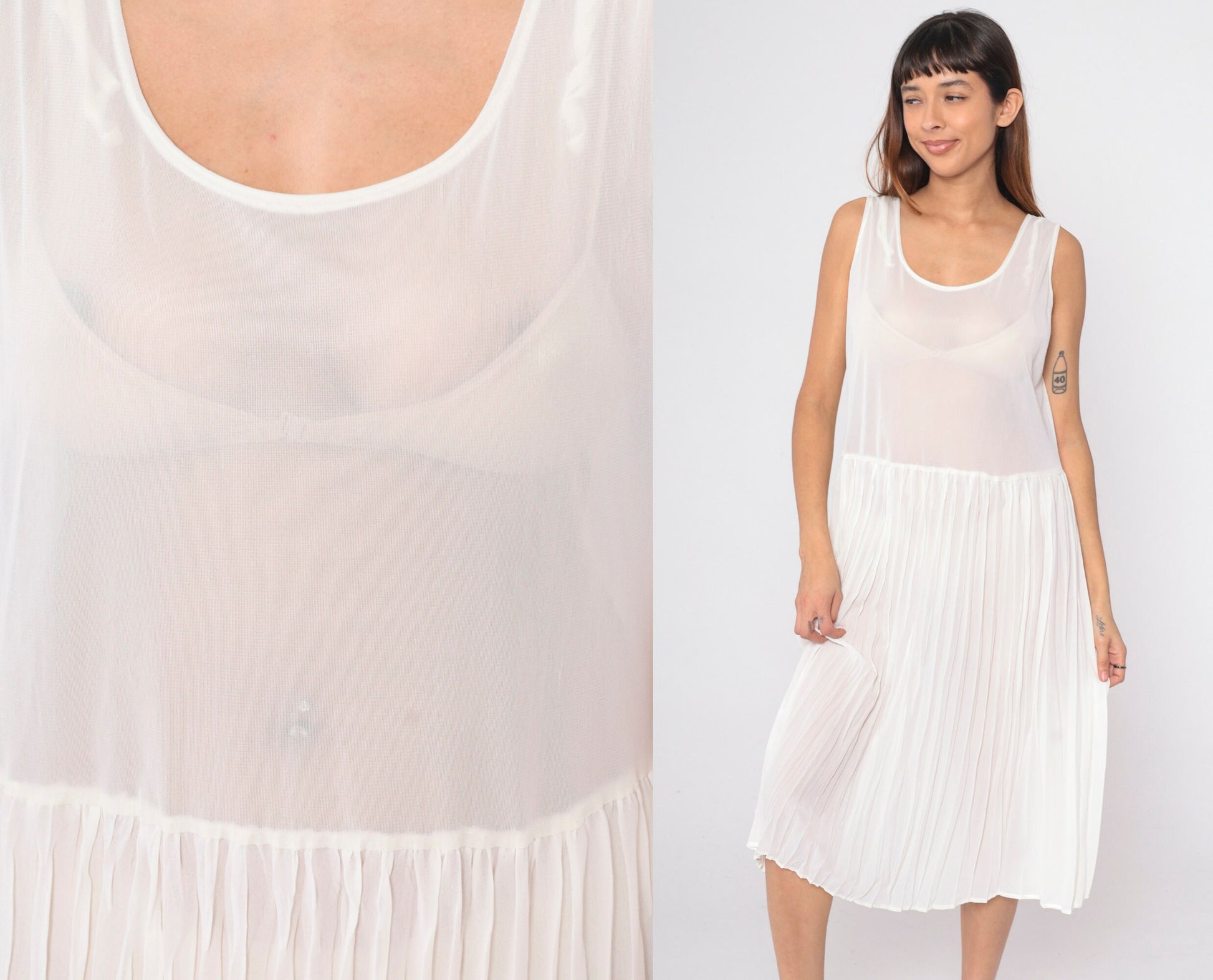 80s Sheer White Pleated Midi Dress Drop Waist Sleeveless Scoop Neck Large 12