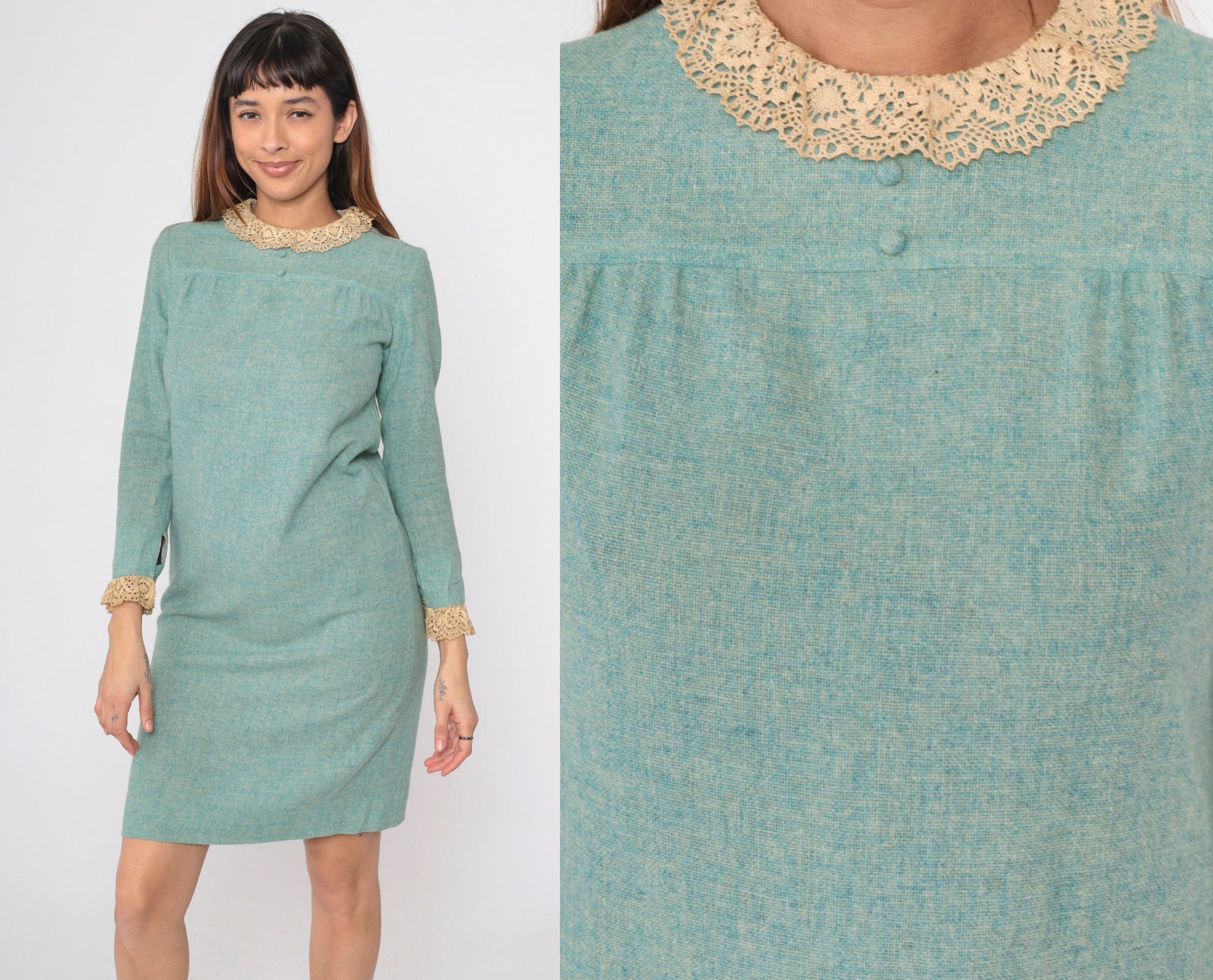60s Mod Shift Dress Seafoam Wool Blend Lace Collar Long Sleeve Small