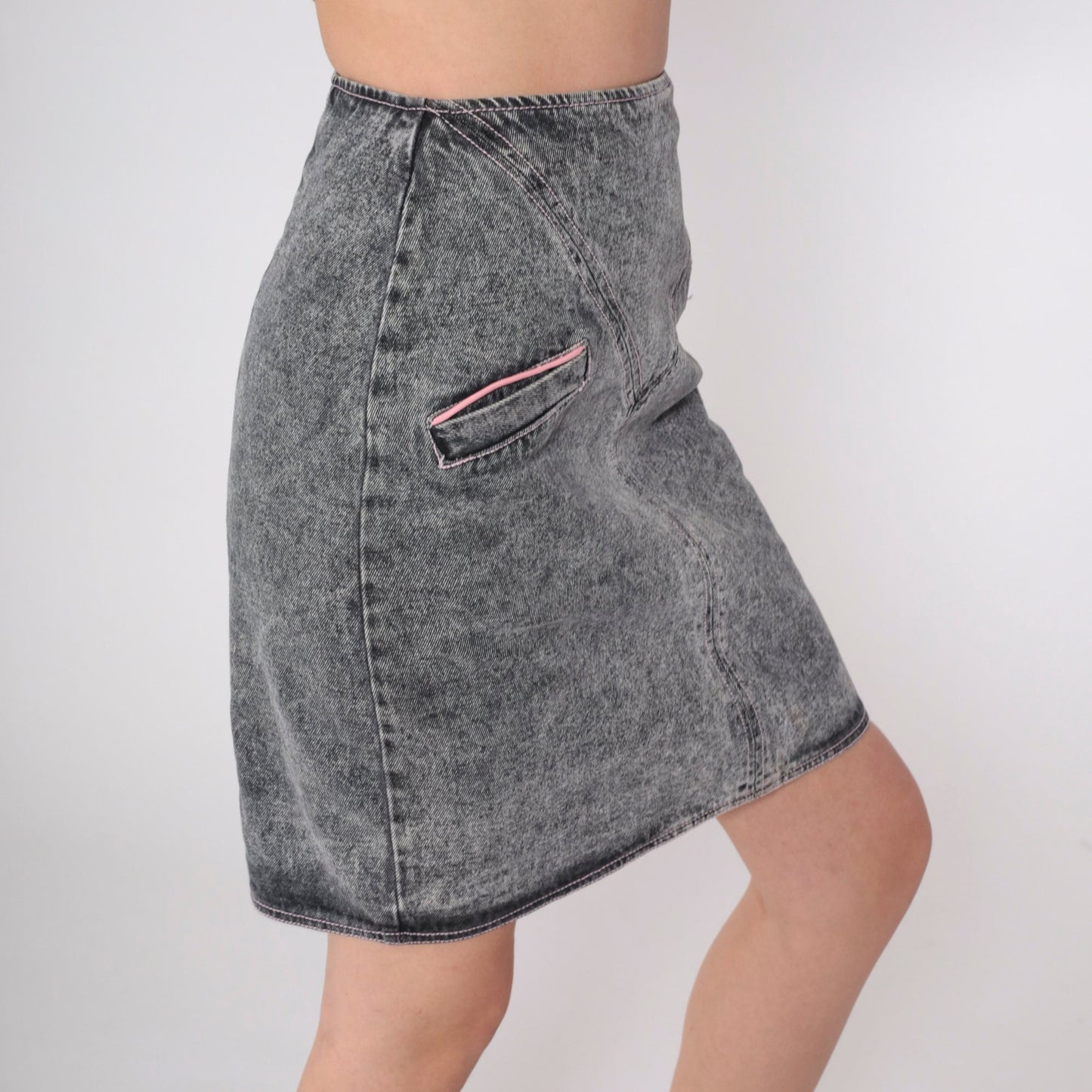 90s Acid Wash Denim Mini Skirt Grey Pink Lace Up High Waist Extra Small
