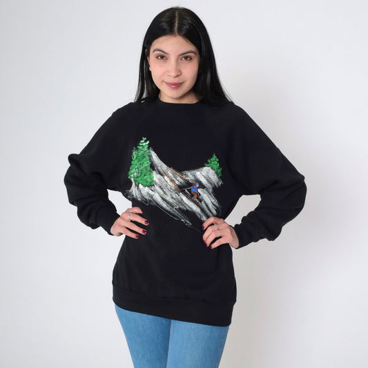 80s Tultex Hand Painted Ski Scene Sweatshirt Black Crewneck Raglan Medium