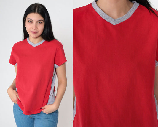 90s Bike Ringer T-Shirt Red Grey Striped V-Neck Cotton Tee Medium