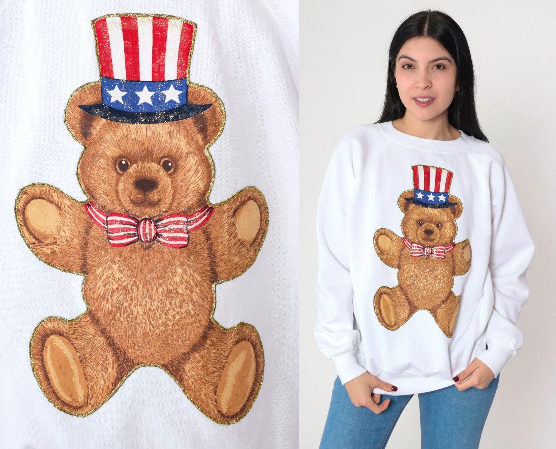 90s Uncle Sam Teddy Bear Glitter Sweatshirt White Graphic Crewneck Large L