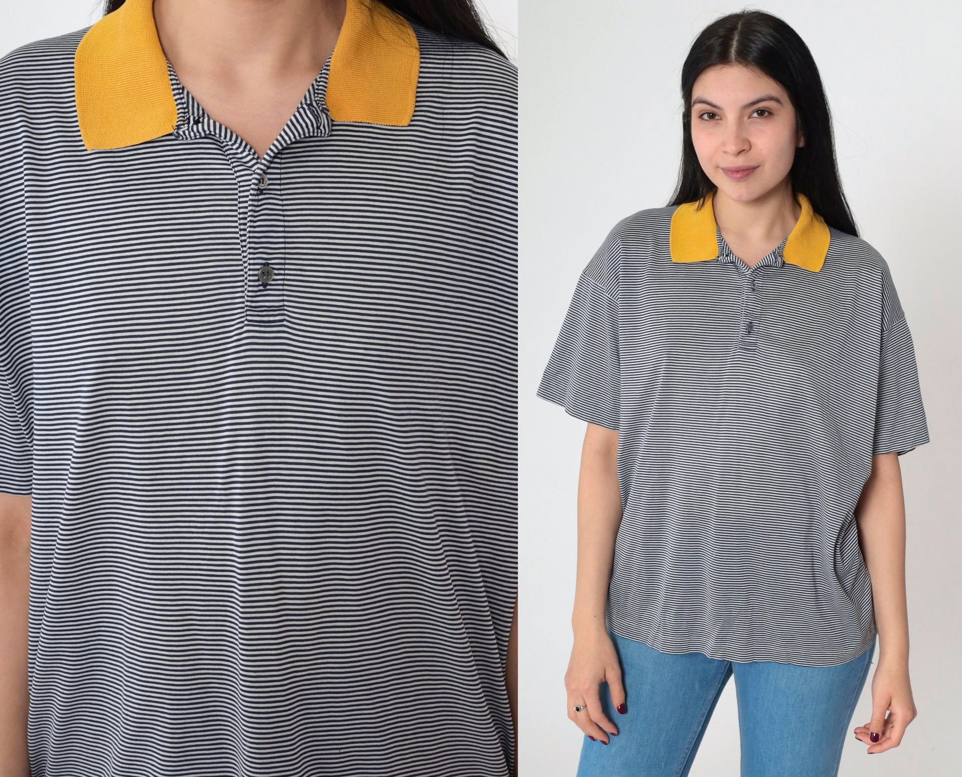 90s Della Rovere Polo Shirt Navy Striped Yellow Collar Quarter Button Large