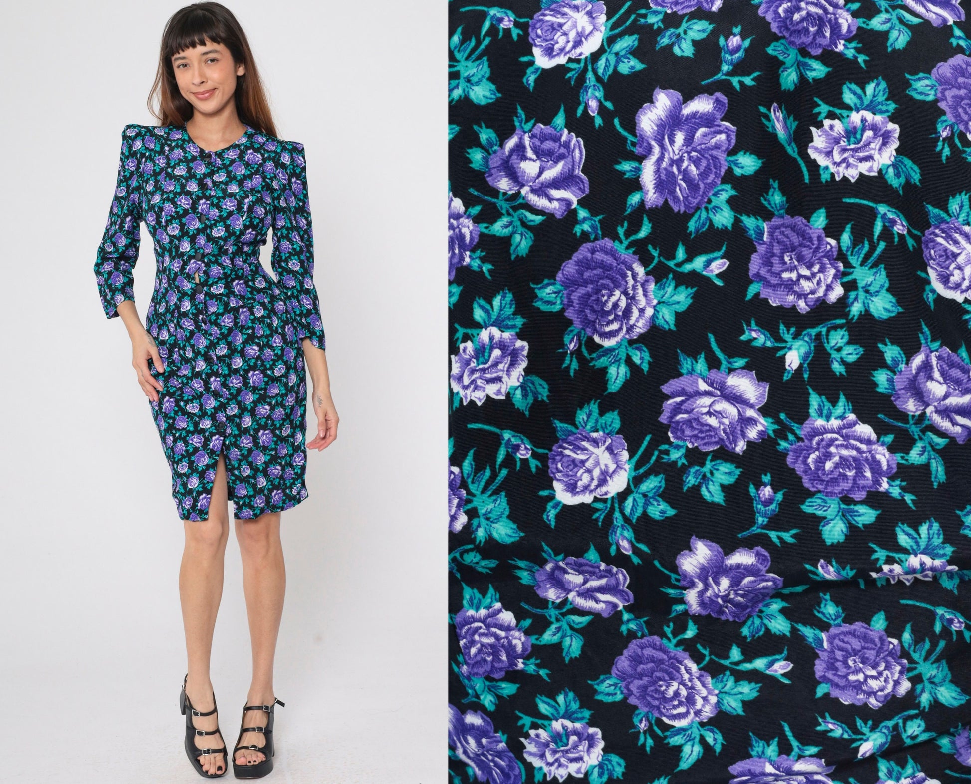 90s All That Jazz Black Floral Mini Dress Puff Sleeve Button-Up Small S