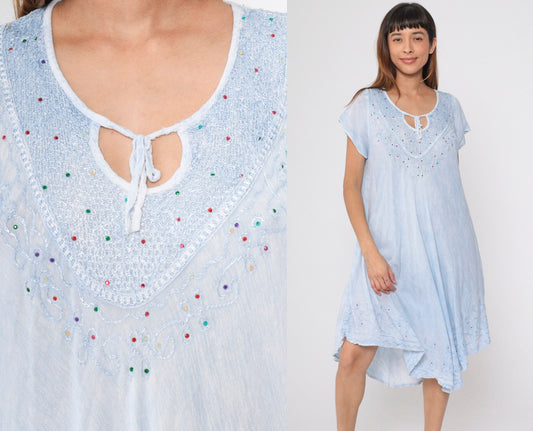 Y2K Tie Dye Baby Blue Midi Dress Rhinestone Embroidered Keyhole Neck
