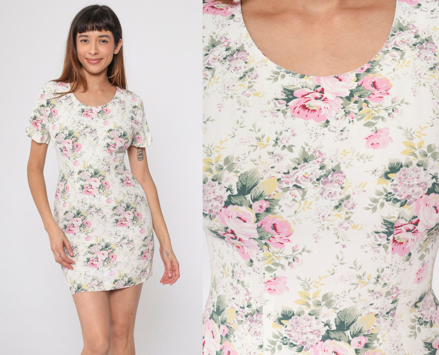 90s Cream Floral Mini Dress Rose Print Short Sleeve Pencil Extra Small XS