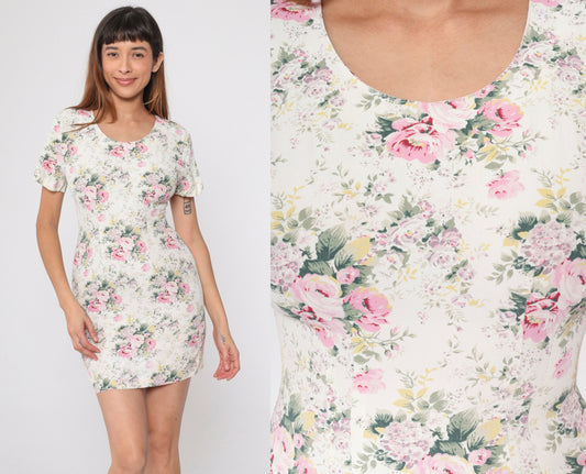 90s Cream Floral Mini Dress Rose Print Short Sleeve Pencil Extra Small XS