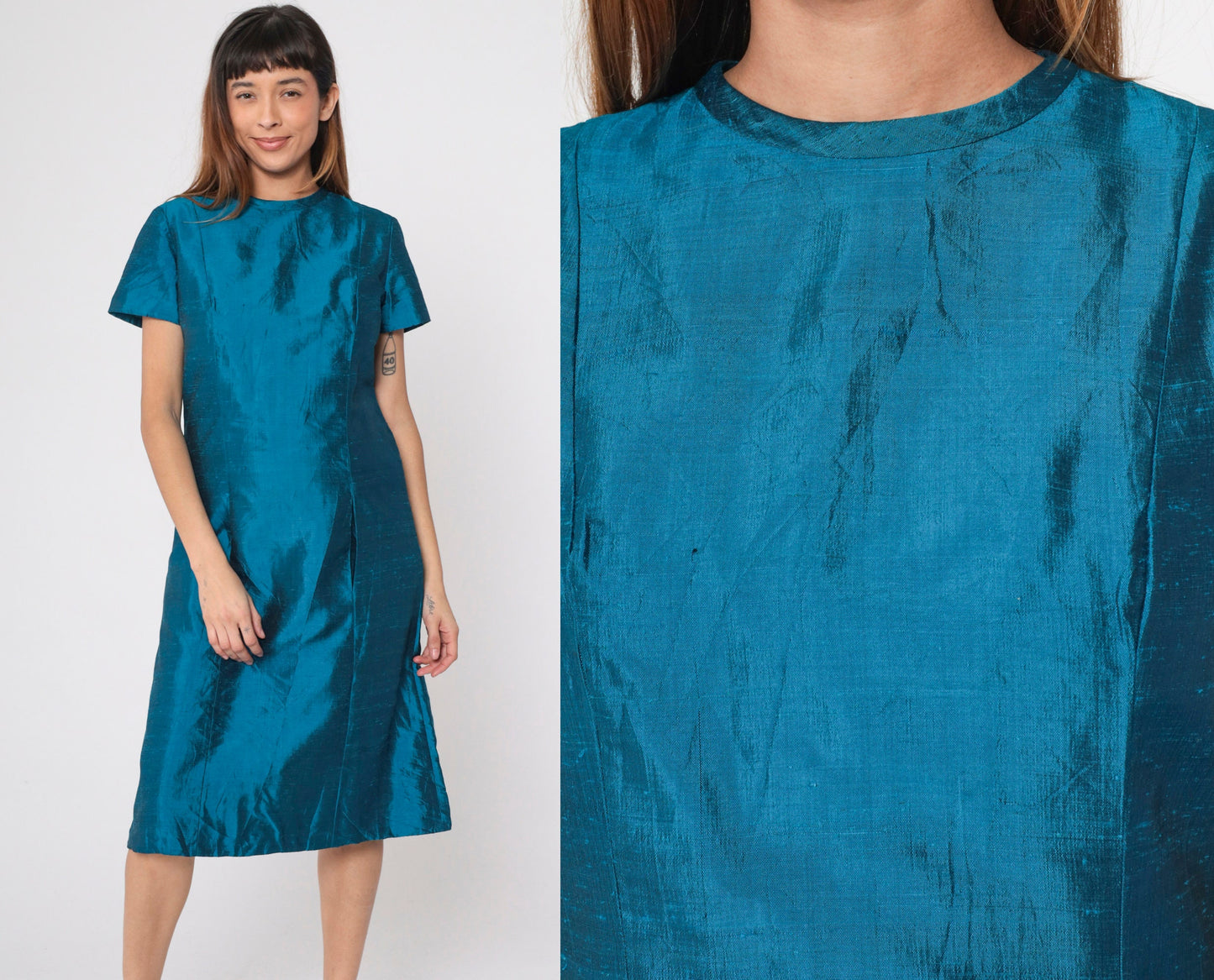 60s Iridescent Blue Silk Midi Dress A-Line Short Sleeve Medium