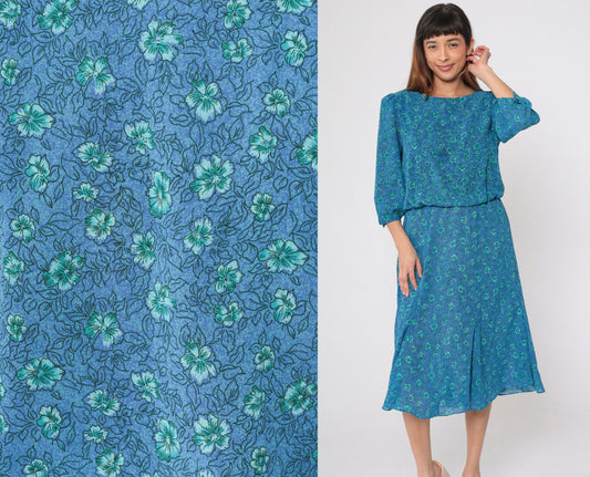 90s Blue Floral Midi Dress Puff Sleeve High Waist Blouson Medium M
