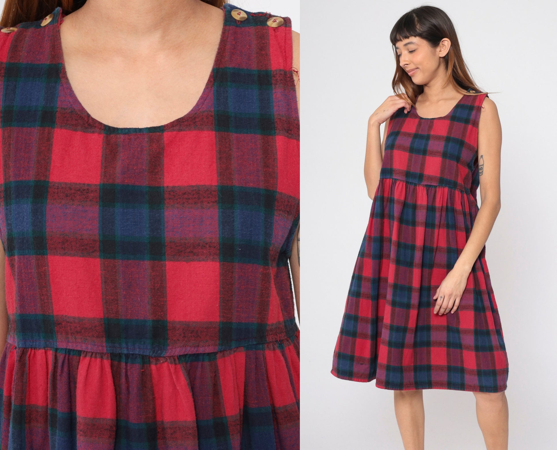 90s Plaid Midi Jumper Dress Button Straps Empire Waist Red Blue Checkered Small