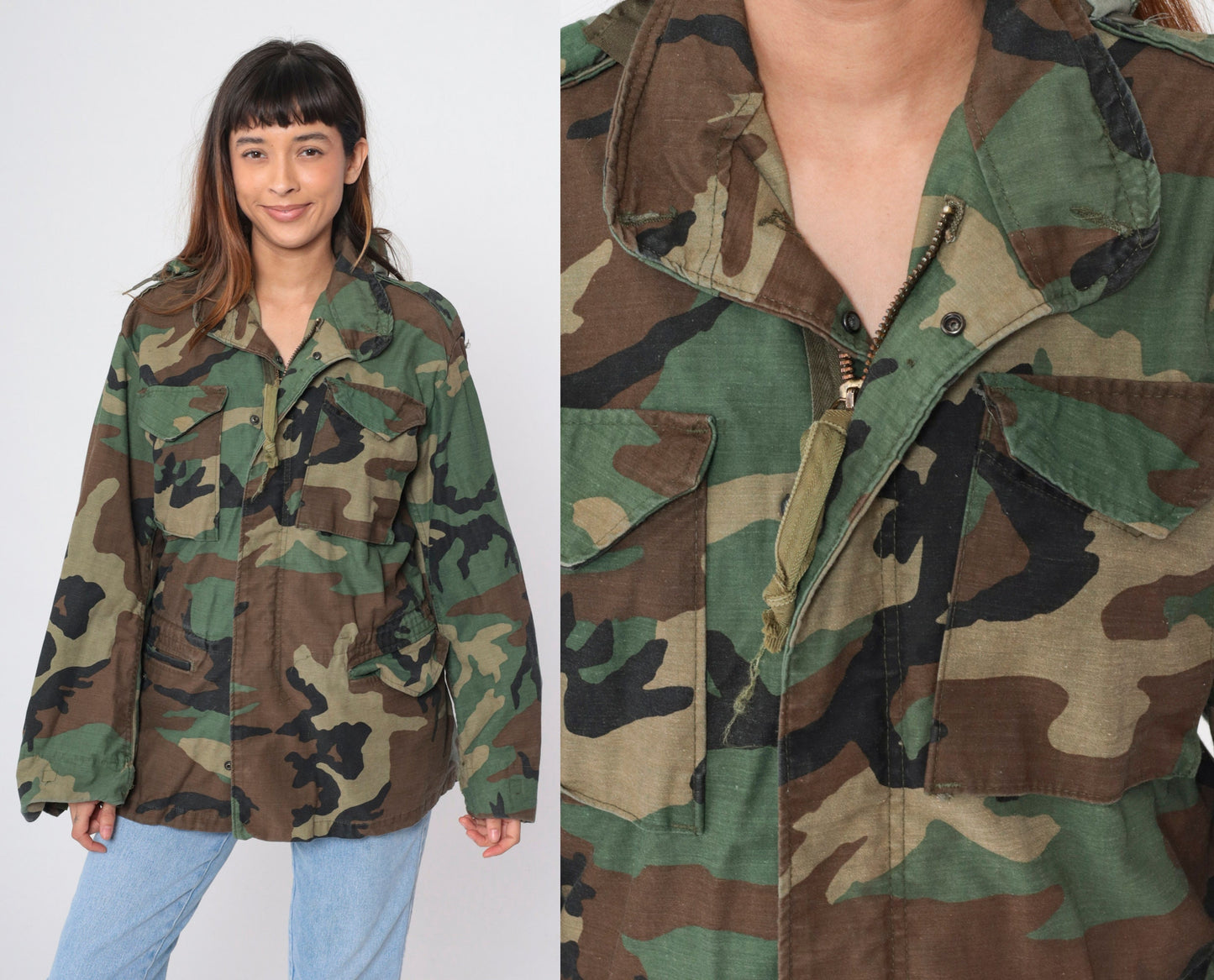 90s Military Camouflage Hooded Jacket Green Cargo Zip Snap Small