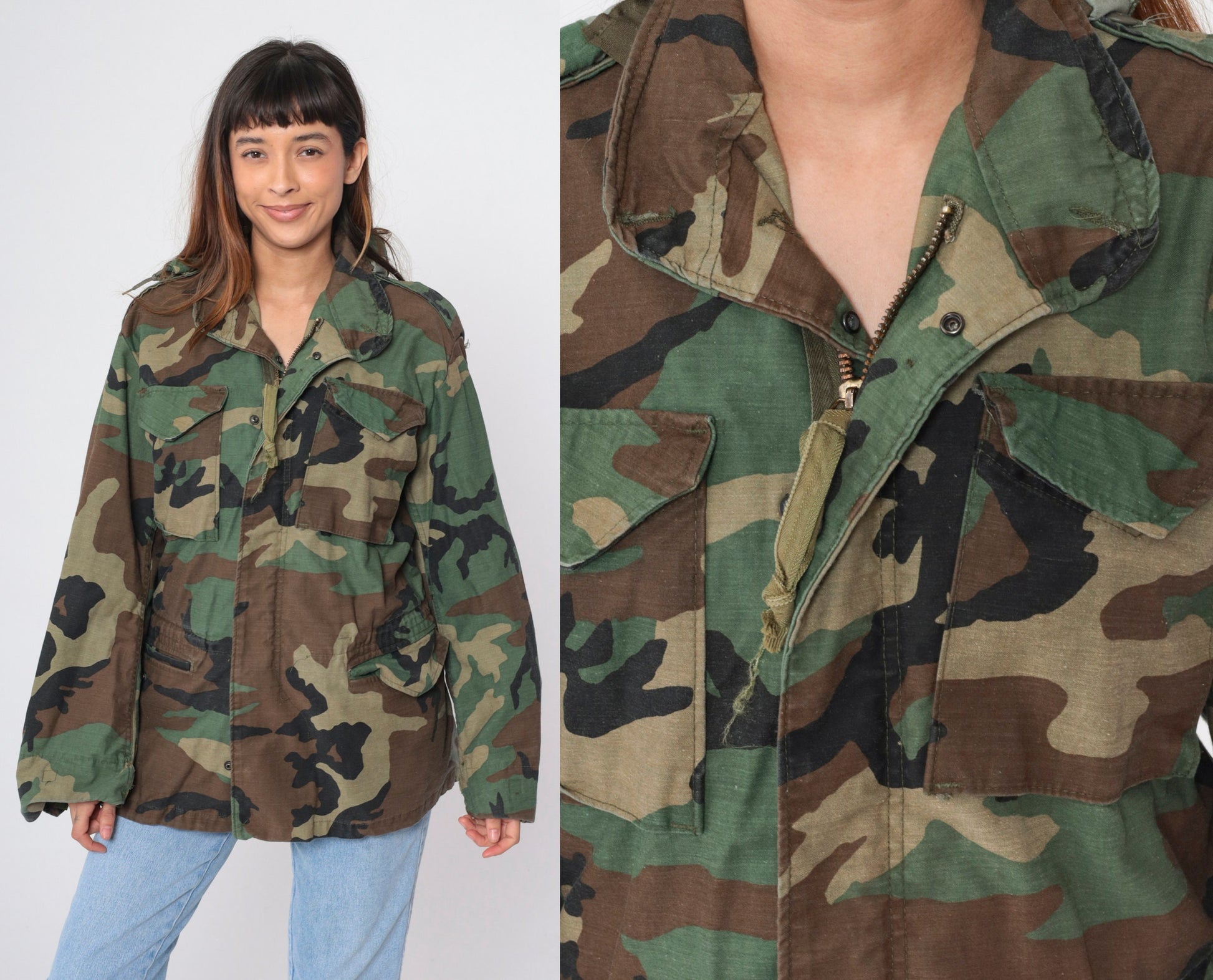 90s Military Camouflage Hooded Jacket Green Cargo Zip Snap Small