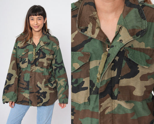 90s Military Camouflage Hooded Jacket Green Cargo Zip Snap Small