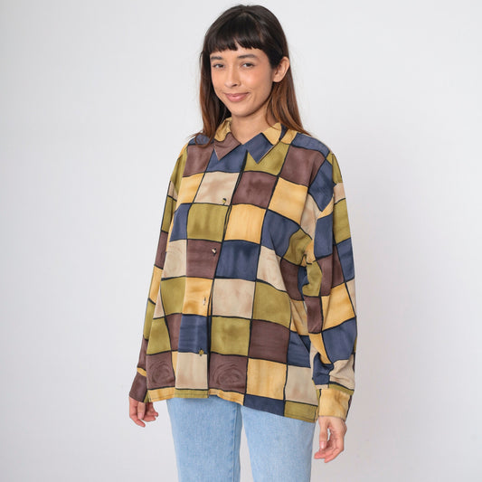 90s Checkerboard Button-Up Blouse Multicolor Long Sleeve Collared Shirt Extra Large XXL