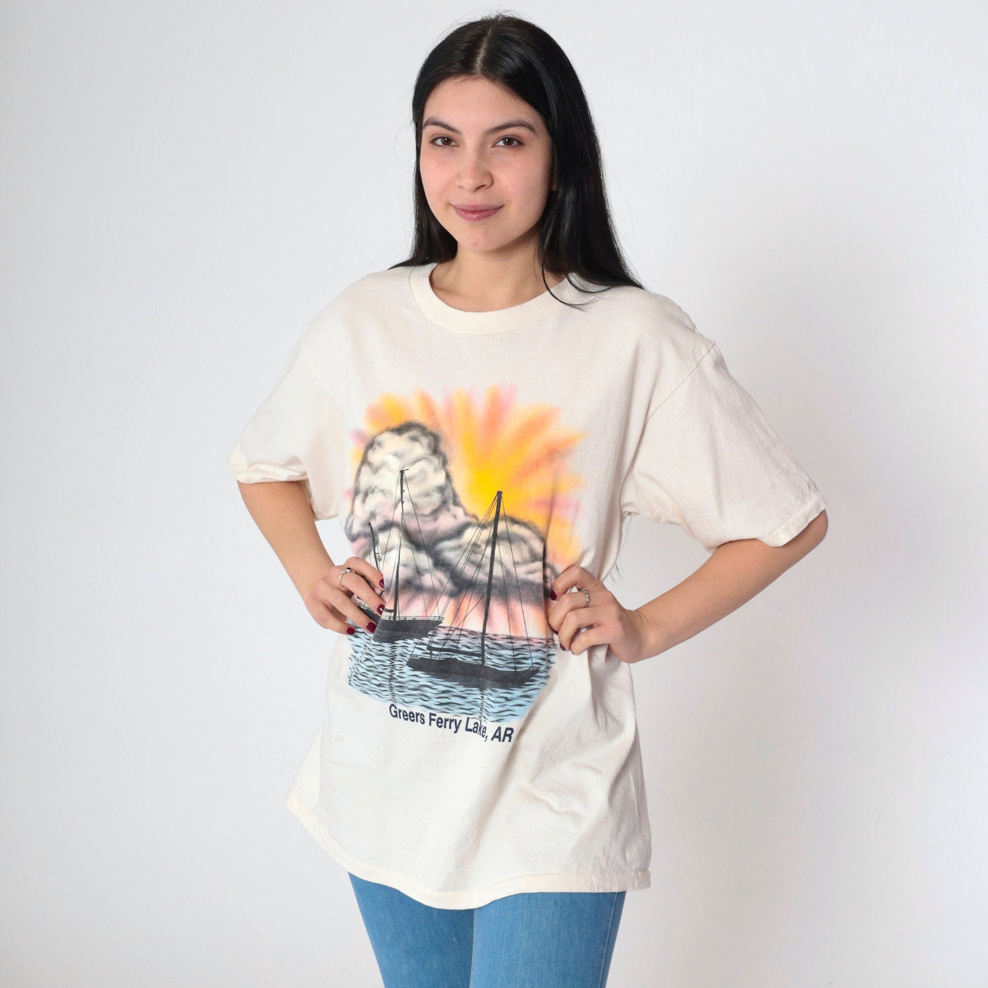 90s Greers Ferry Lake Arkansas Sailboat Graphic T-Shirt Pale Yellow Single Stitch Medium