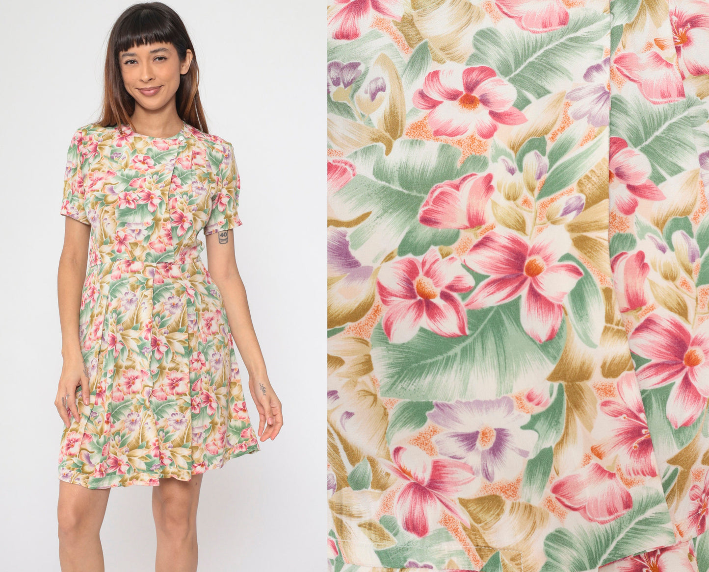 90s Liz Claiborne Tropical Floral Mini Dress Surplice Neckline Small
