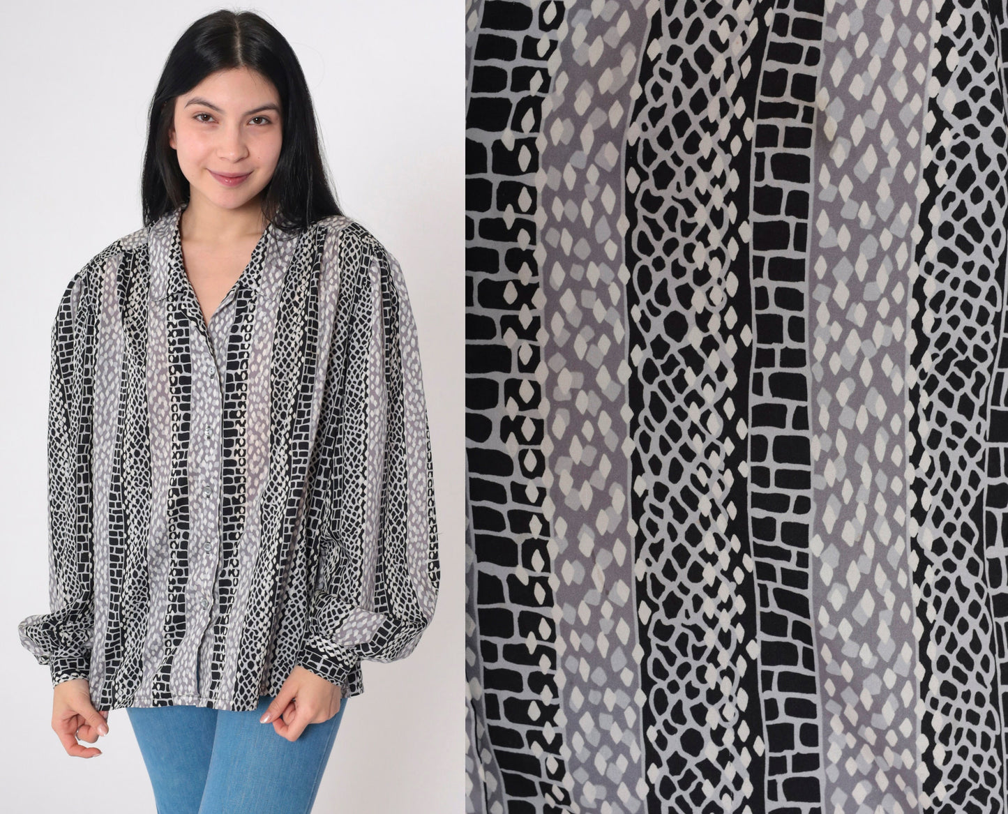 70s Geometric Striped Button-Up Blouse Red Balloon Sleeve Collared Shirt Large