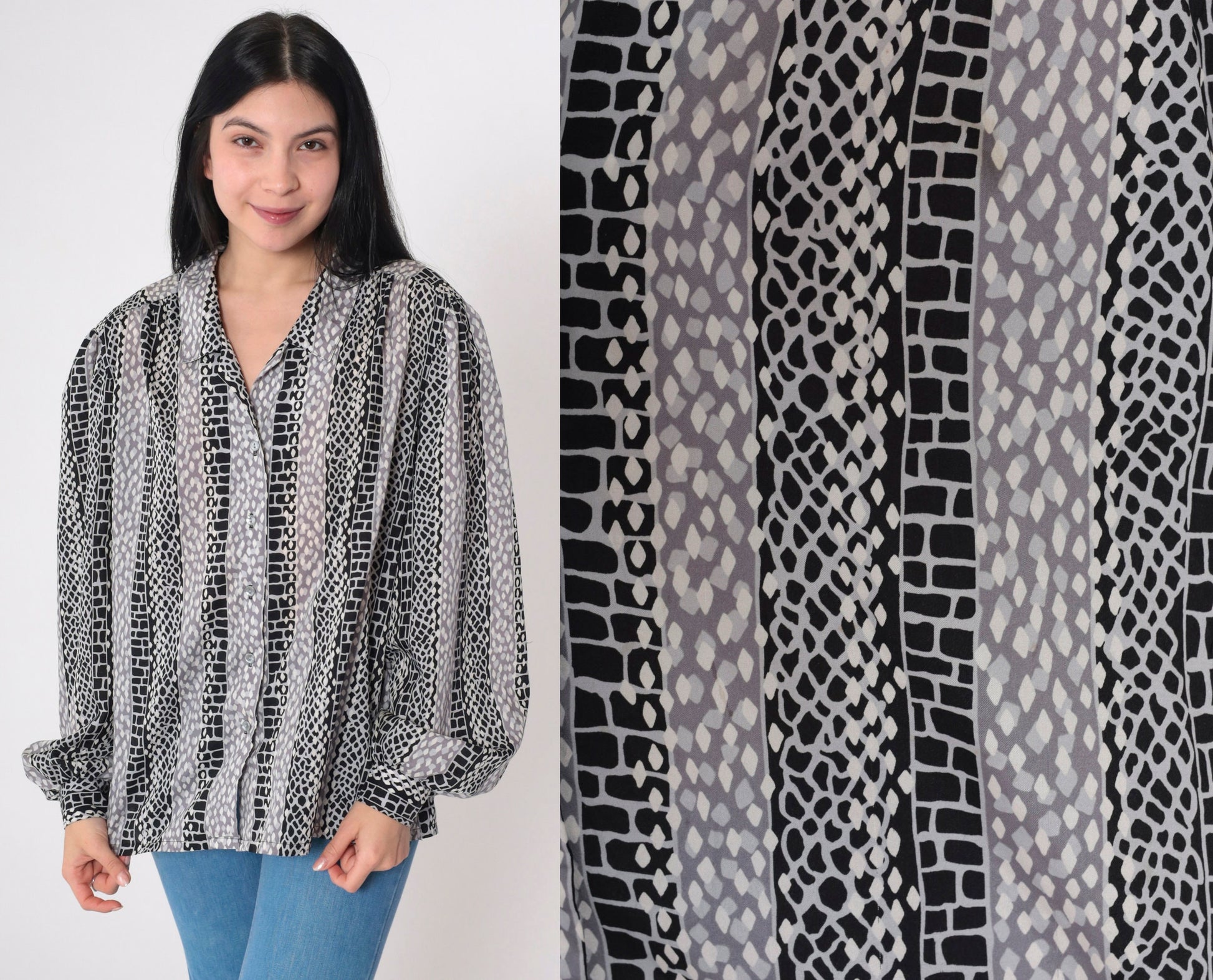 70s Geometric Striped Button-Up Blouse Red Balloon Sleeve Collared Shirt Large