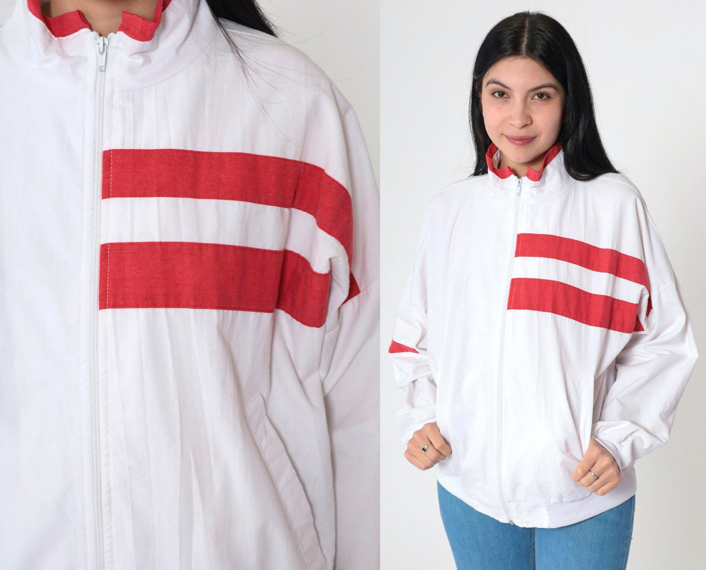 90s Striped Windbreaker Jacket White Red Zip-Up Small