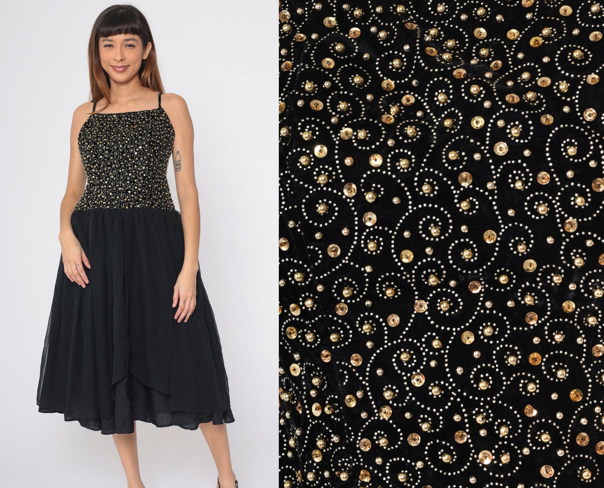 80s Black Velvet Beaded Chiffon Midi Dress Gold Sequins Spaghetti Strap Small