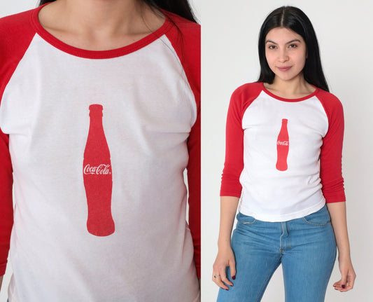 00s Coca-Cola Roberts Baseball Tee White Red Graphic Raglan Small S