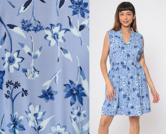 90s Blue Floral Button-Up Mini Dress Sleeveless Collared A-Line Large L
